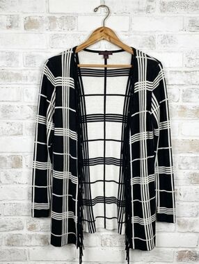 Fontana Black & White Plaid Open Cardigan Sweater with Fringe - Women's Size Med